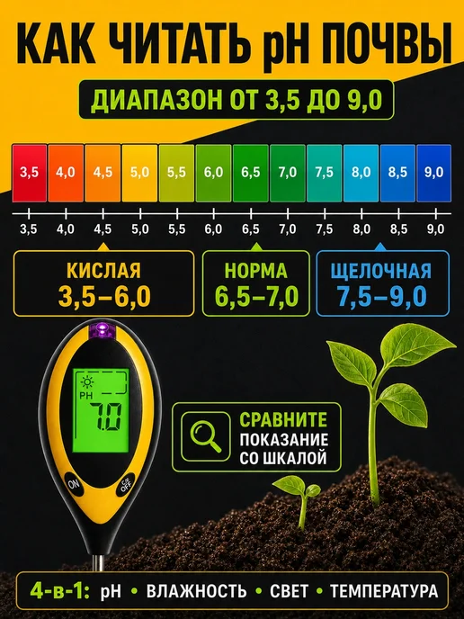 RUXOR Измеритель кислотности почвы, pH метр и термометр 4 в 1, черный, фото 8