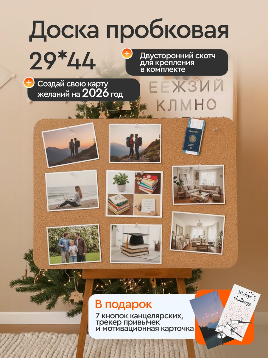 Доска пробковая для заметок и фото на стену мудборд 29*44 см