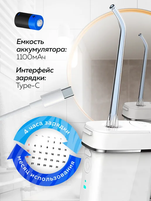 ELLTT Ирригатор для зубов и десен портативный с насадками, белый, фото 7