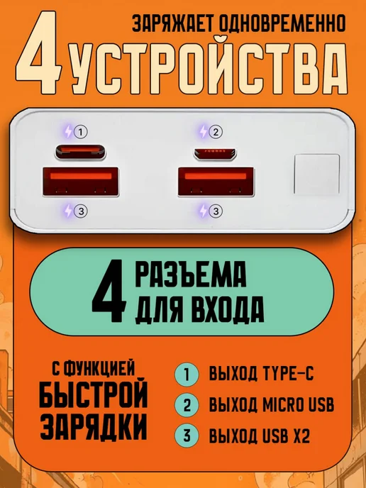 Повербанк 22000 mah с быстрой зарядкой с проводами, 30000 мАч, фото 2