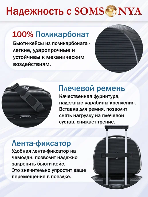 Somsonya Premium комплект чемодан и бьюти кейс Elite, черный, в упаковке 9,9 кг, фото 6