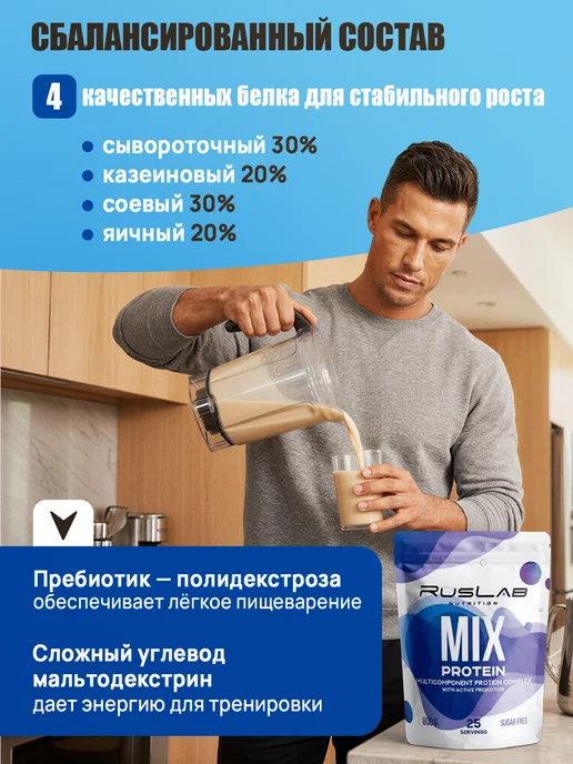 Ruslabnutrition Протеин многокомпонентный MIX PROTEIN 800г шоколад, 800 г, фото 2