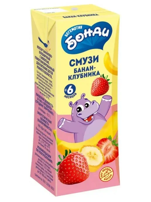 Бегемотик Бонди Нектар Банан-Клубника 6 уп по 0.2л, 200 мл, фото 2