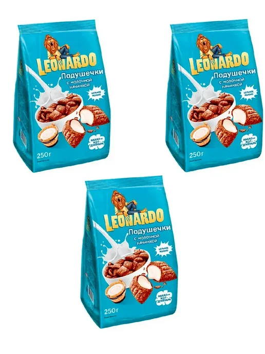 Leonardo Готовый завтрак подушечки с молочной начинкой,250 г, 3 шт, 250 г, 3 шт