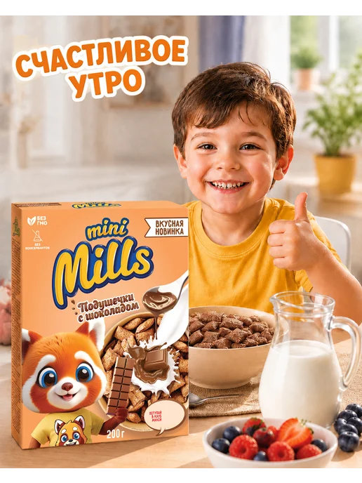 Mini Mills Сухой завтрак подушечки с шоколадной начинкой 200 г, 200 г, фото 3