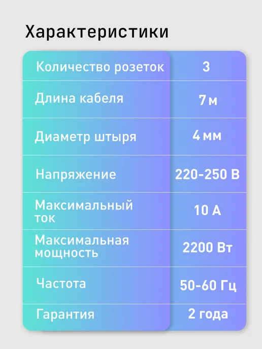 Удлинитель 3 гнезда 3 метра 10А 2,2кВт, черный, 7 м, фото 5