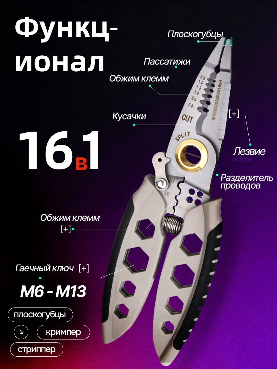 Многофункциональные плоскогубцы пассатижи строительные 16В1 — фото 2