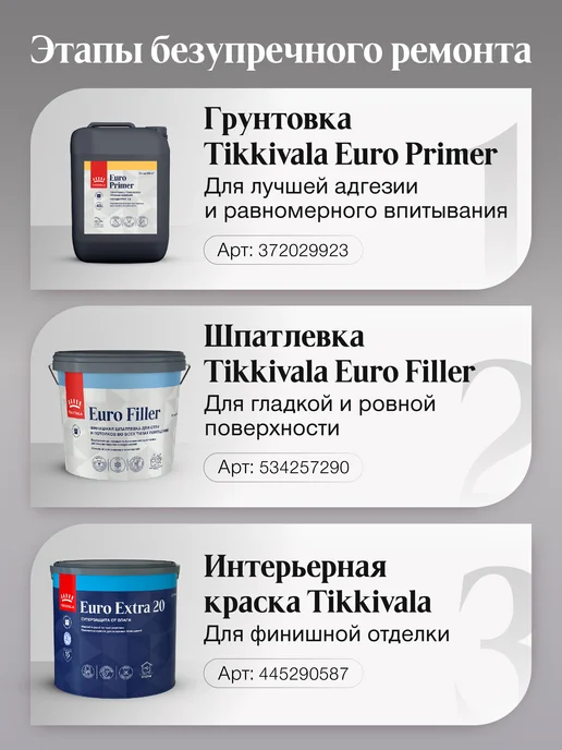 TIKKURILA Краска для влажных помещений EURO EXTRA 20 A п мат 2,7л, 2,7 л, фото 7