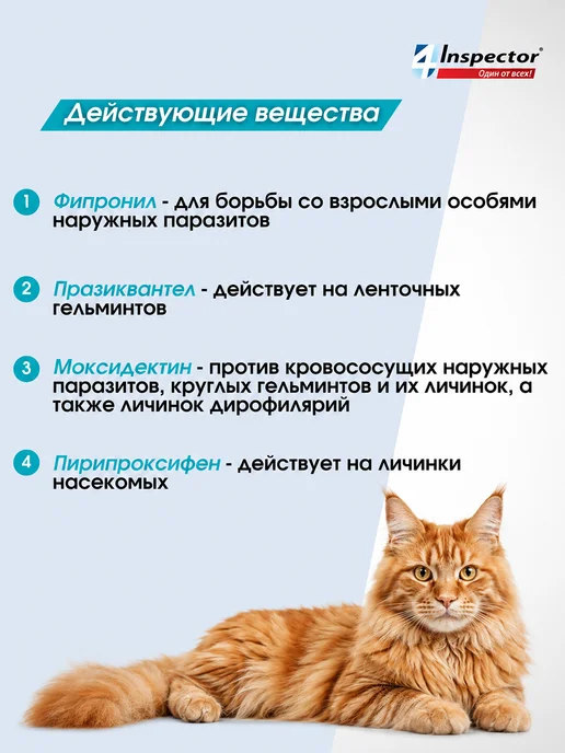 inspector Капли от глистов и клещей для кошек 4-8 кг 1 пипетка, 48 кг, фото 4