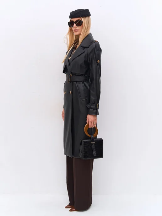 TM LIMITED Плащ тренч кожаный длинный, черный, фото 4