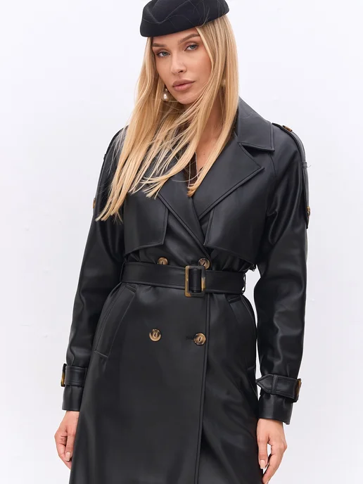 TM LIMITED Плащ тренч кожаный длинный, черный, фото 5