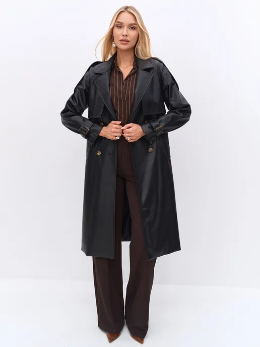TM LIMITED Плащ тренч кожаный длинный, черный, фото 8