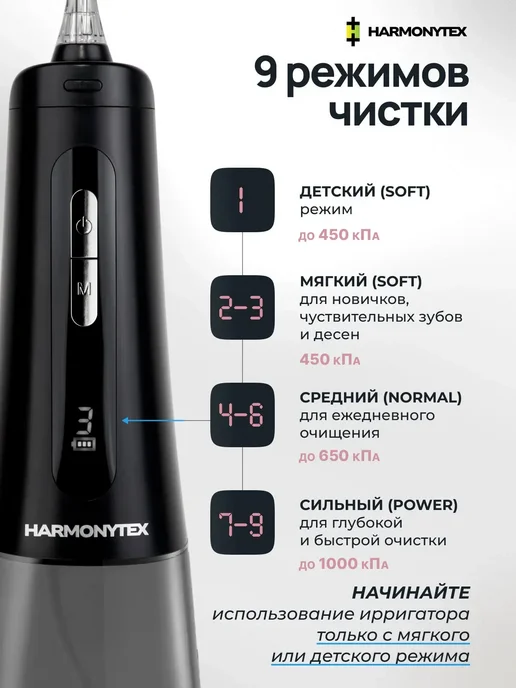 harmonytex Ирригатор для зубов и полости рта портативный с дисплеем, черный, фото 4