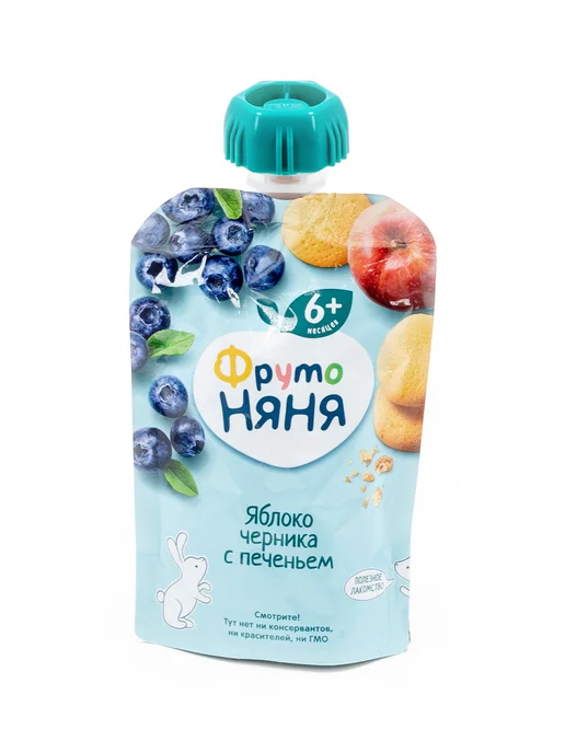 ФрутоНяня Пюре из яблок и черники с печеньем 90 г 3 шт, 90 г, 4 шт, фото 2