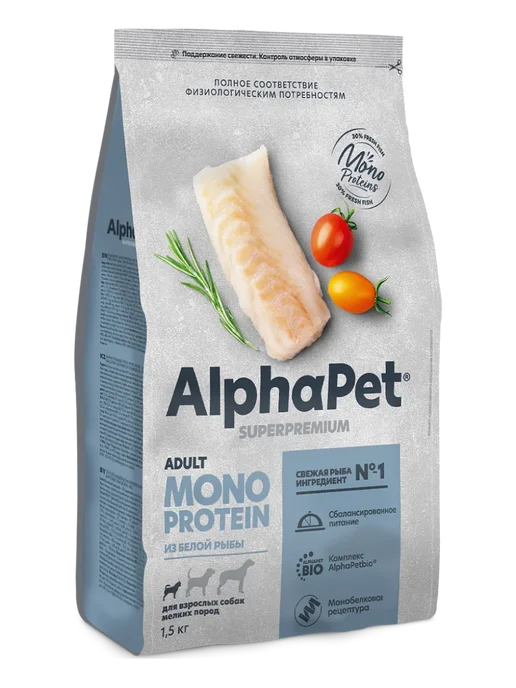 Сухой корм AlphaPet Белой для собак, мелкие, рыба, 1,5 кг