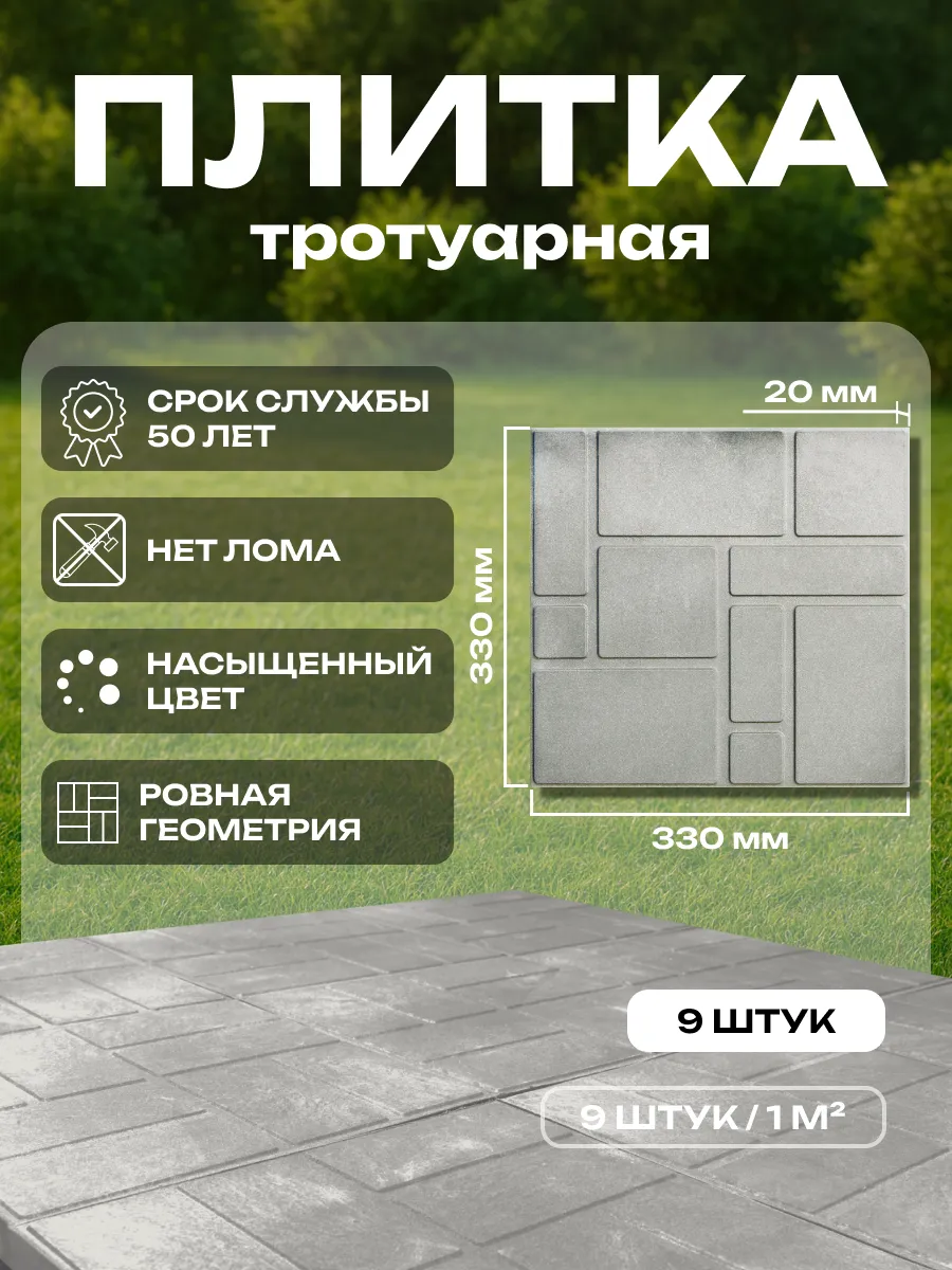 Плитка тротуарная полимерпесчаная, 33х33х2, серый, 9 шт