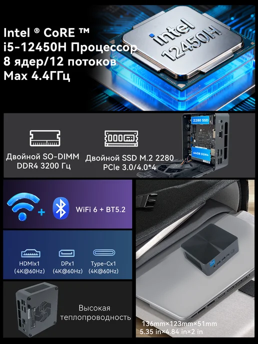 BRENUC Мини пк, Intel core i5-12450H, 16+512Gb, 1024 ГБ, фото 2