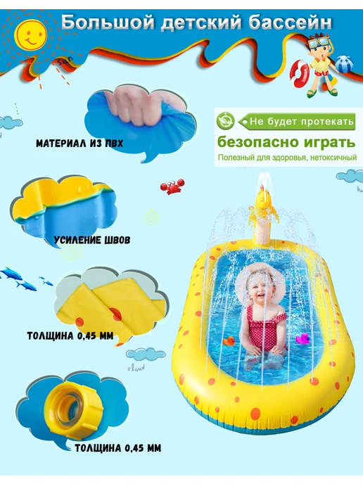 Детский надувной бассейн с фонтаном и брызгами 170 см, желтый, фото 5