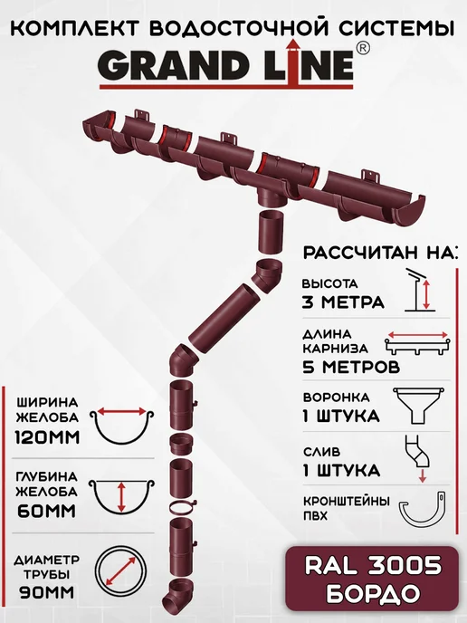 Grand Line Комплект водосточной системы на 6 метров бордо, 5 м