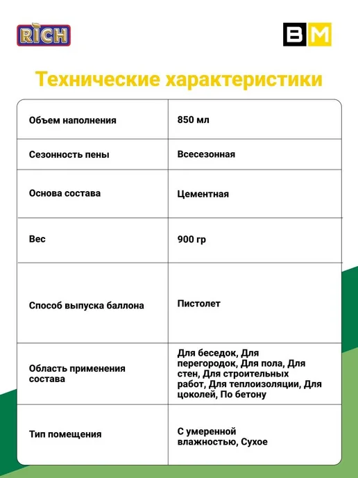 Rich Строительная Пена-цемент 850 мл всесезонная 2шт, 850 мл, 3 шт, фото 5