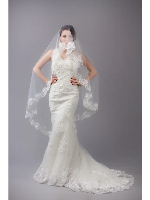 Romantic Wedding Фата невесты с кружевом белоснежного цвета испанка длинная, белый, фото 3