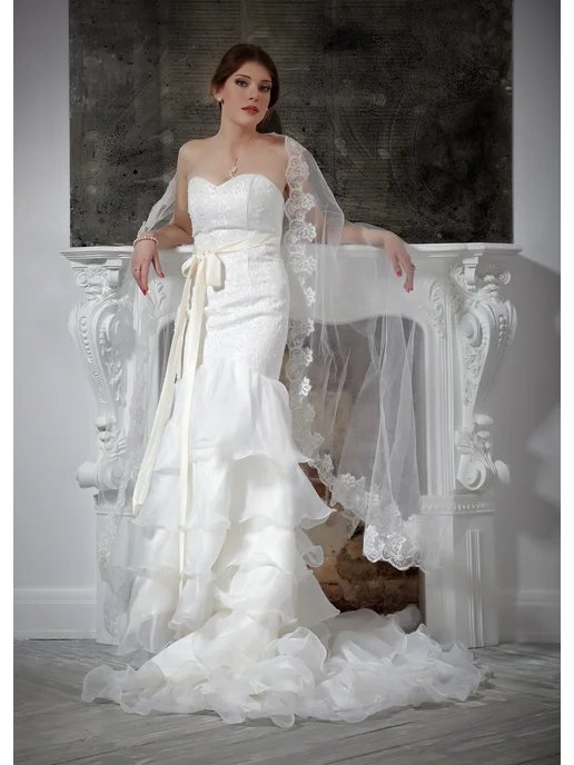 Romantic Wedding Фата невесты с кружевом белоснежного цвета испанка длинная, белый, фото 4