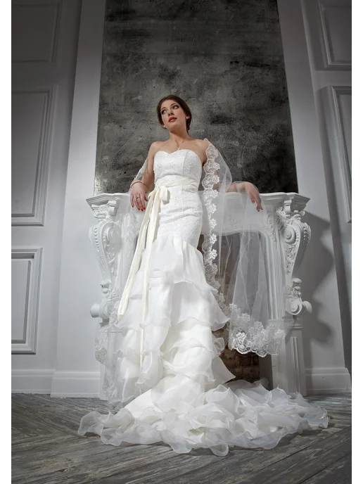 Romantic Wedding Фата невесты с кружевом белоснежного цвета испанка длинная, белый, фото 5