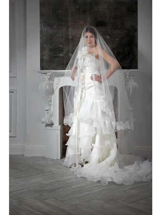 Romantic Wedding Фата невесты с кружевом белоснежного цвета испанка длинная, белый, фото 6