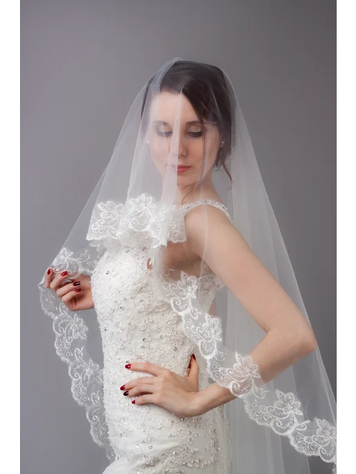 Romantic Wedding Фата невесты с кружевом белоснежного цвета испанка длинная, белый, фото 7