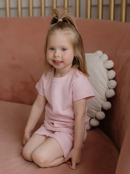 Alisse Dreams Пижама детская с футболкой и шортами в рубчик, розовый, фото 3