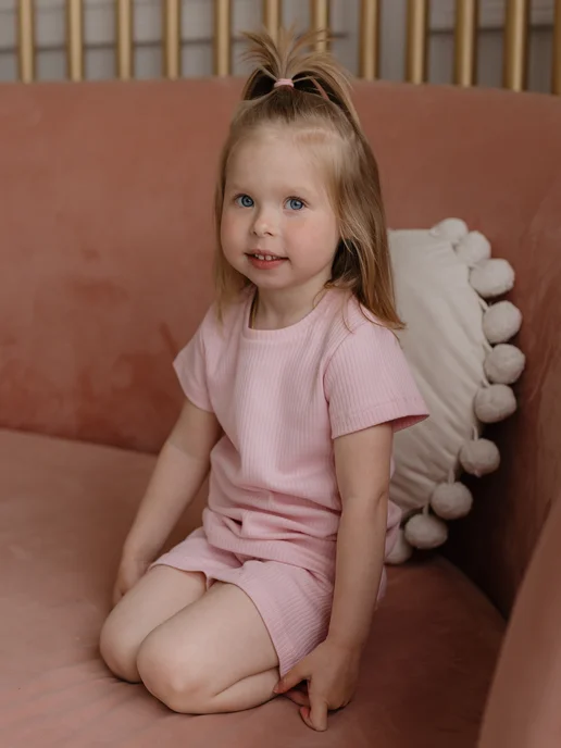 Alisse Dreams Пижама детская с футболкой и шортами в рубчик, розовый, фото 4