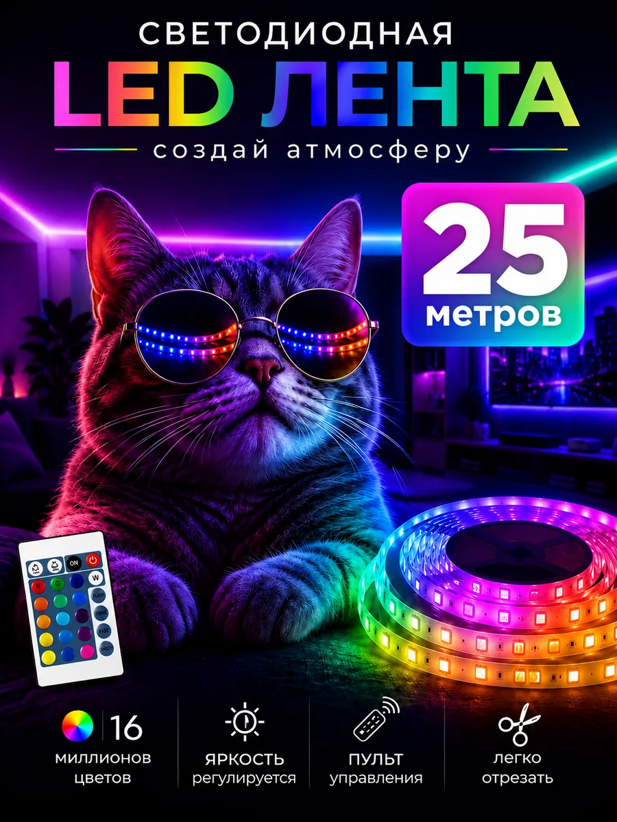 Светодиодная лента 25 метров с пультом RGB LED