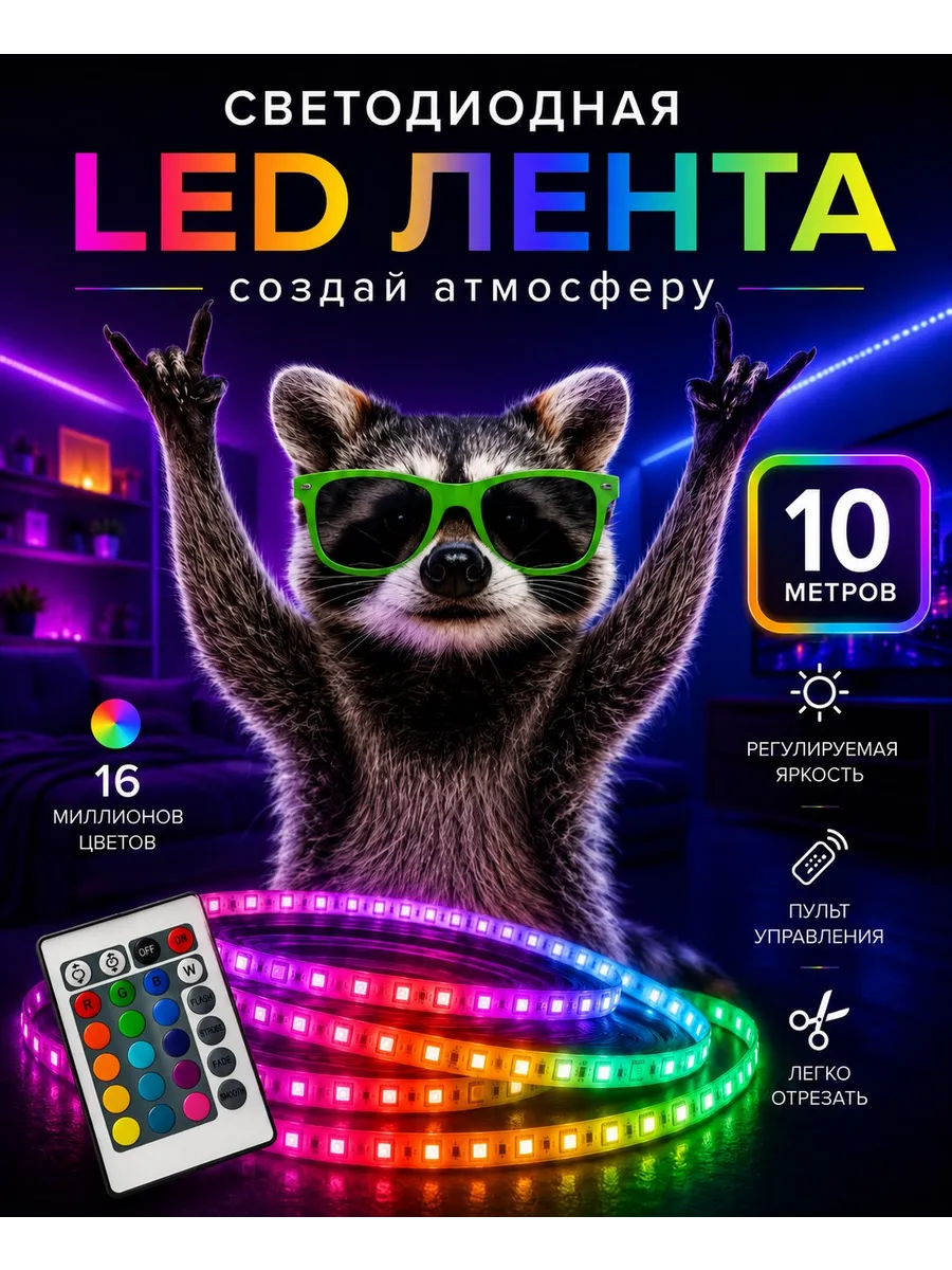 Светодиодная лента 10 метров с пультом RGB LED