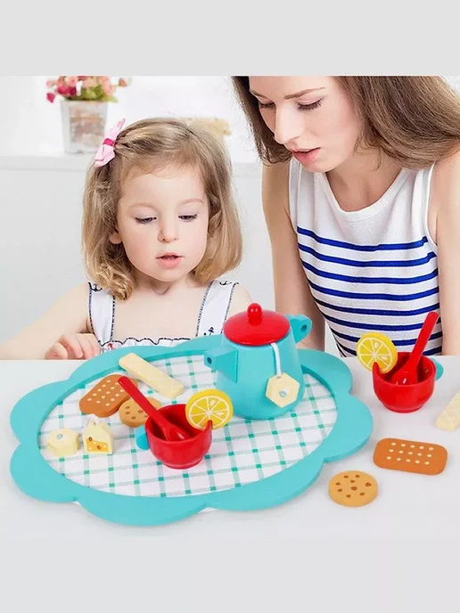 Сундук знаний Игрушечная посуда деревянная кухня 3+ детям, синий, фото 6
