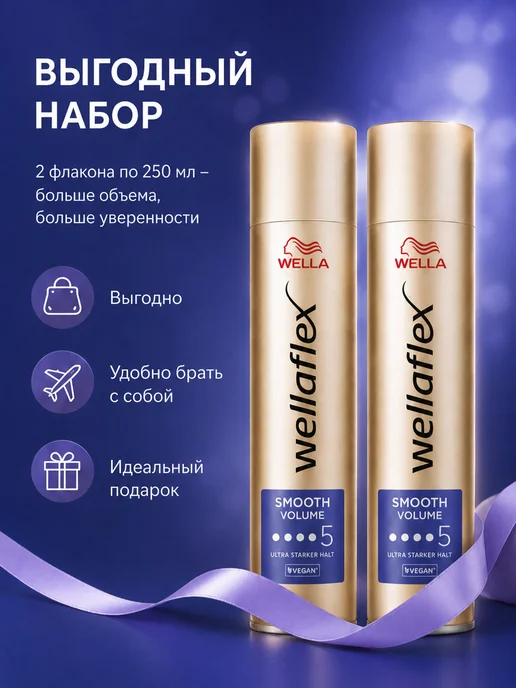WELLA Лак для укладки волос SMOOTH VOLUME 5, 2 шт*250 мл, 2 шт, 250 мл, фото 4