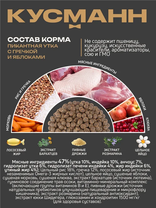 Сухой корм КУСМАНН Гречкой Холистик… для собак, мелкие, утка, 1,05 кг, фото 5