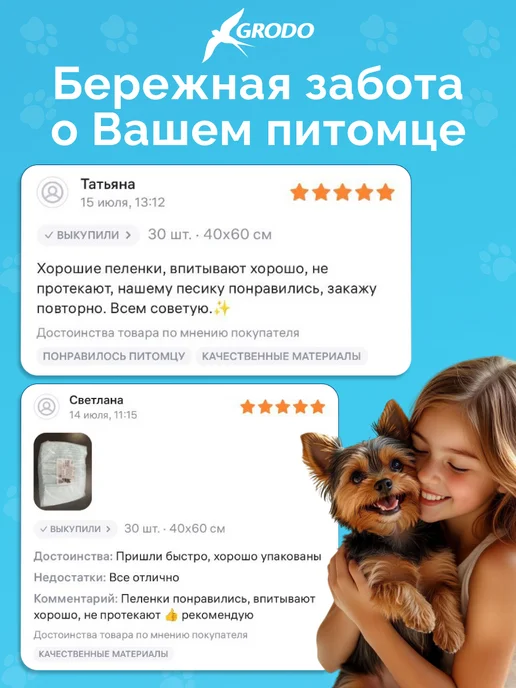GRODO Непромокаемые пеленки одноразовые для собак 60х40 30 штук, 60x40, фото 7