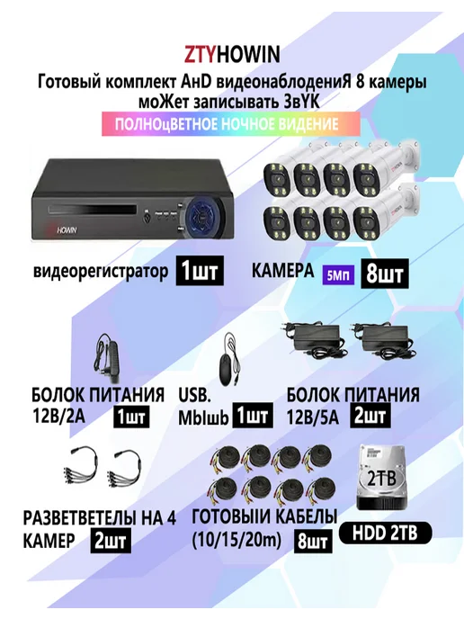 ztyhowin Видеонаблюдение комплект 8 уличная камера 5Mп, 2 ТБ, фото 2