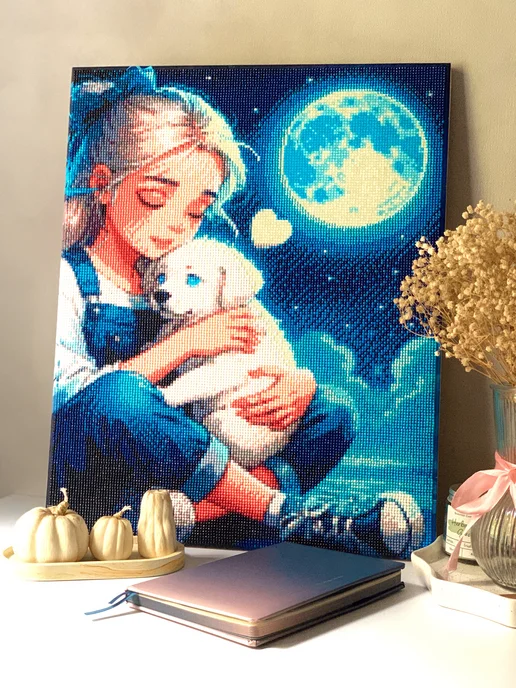 Artlazis Светящаяся алмазная мозаика 40х50 см Девочка и щенок, 40x50 см, фото 3