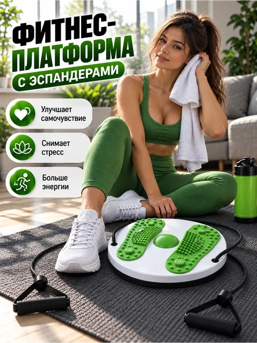 LEOMAX Диск здоровья вращающийся с эспандерами фитнес платформа, зеленый