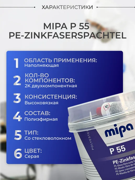 mipa Шпатлевка цинк-стекловолокнистая P55 легкая с отвердит. 875г, 875 г, фото 2