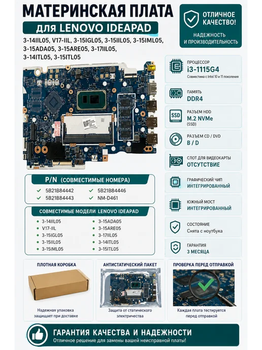 HGH Мат плата для Lenovo IdeaPad 3‑15ITL05 (i3-1115G4), вариант, фото 4