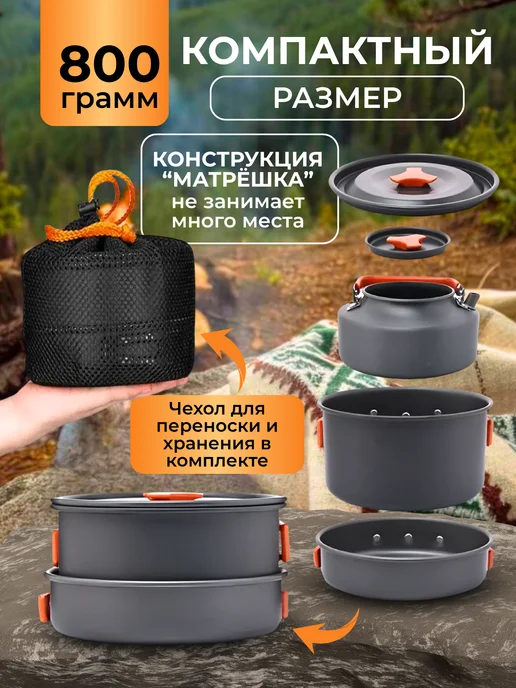 РыбалкаТуризм Набор посуды туристической аксессуар походный, серый, фото 2
