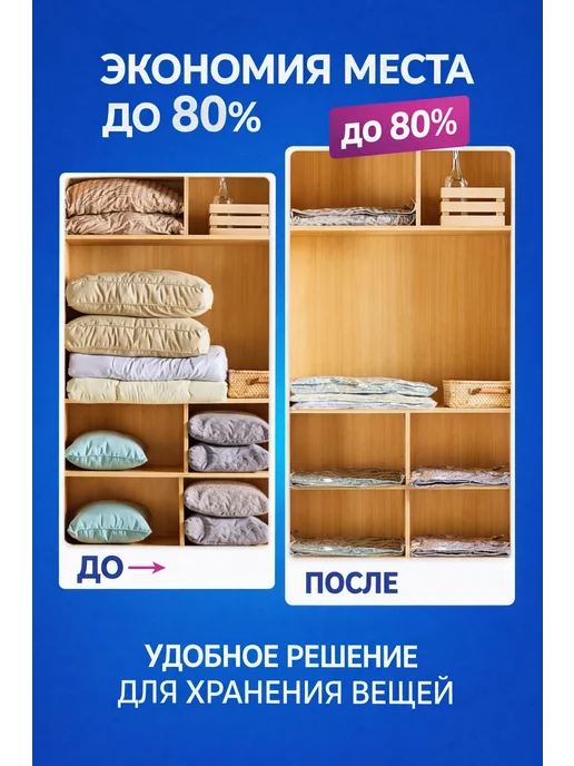 Вакуумные пакеты для хранение одежды 4шт 60х80см, 60x80 см, 4 шт, фото 4