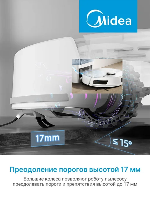 Midea Робот-пылесос S6+, сухая и влажная уборка, самоочистка, белый, фото 8