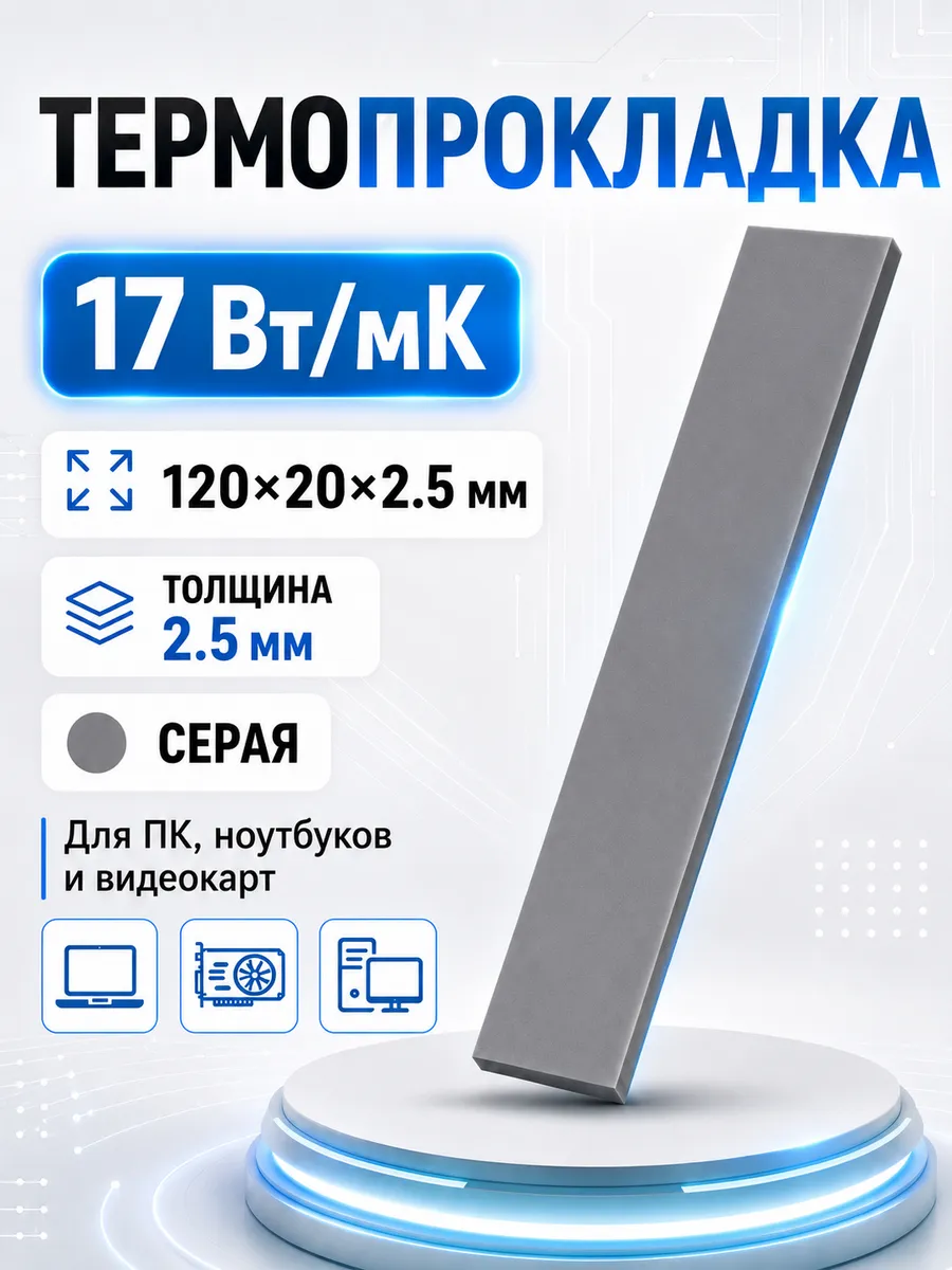 Термопрокладка для видеокарты 2,5мм, теплопроводность 17 Вт