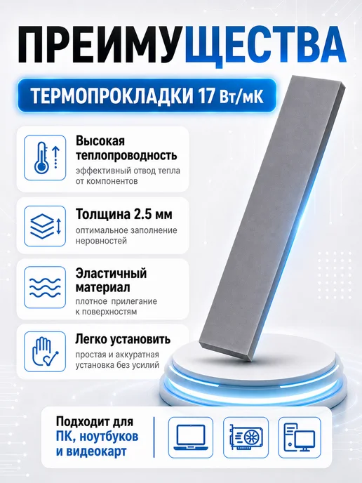 SDEV Термопрокладка для видеокарты 2,5мм, теплопроводность 17Вт, 17 Вт, фото 2
