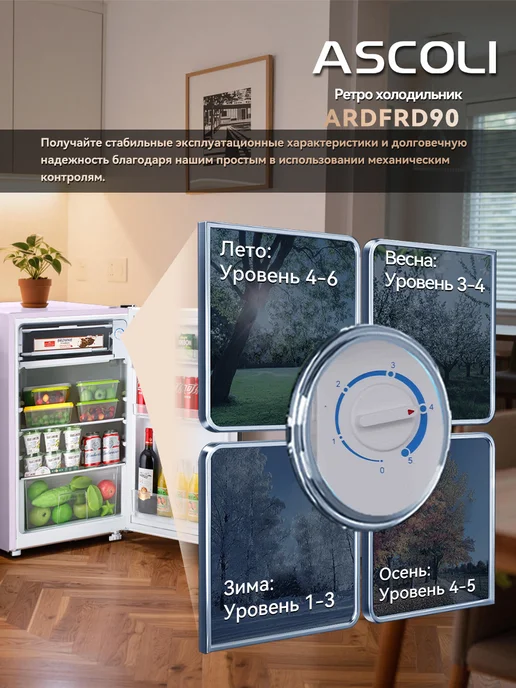 Холодильник однокамерный ADFRD90 ASCOLI в ретро стиле для хранения продуктов, косметики, лекарств, розовый, фото 3