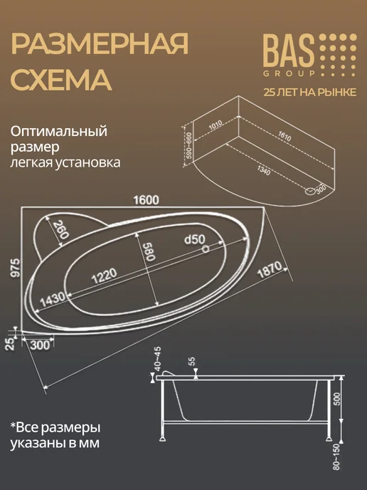 BAS bath acrylic system Ванна акриловая 160х100 Лорета левая, каркас в комплекте, 160x100, фото 7