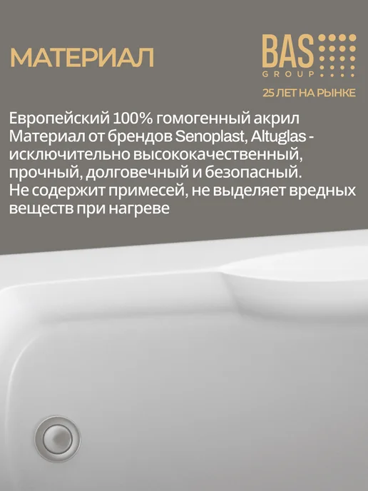 BAS bath acrylic system Ванна акриловая 160х70 Эпика, пристенная, ножки в комплекте, вариант, фото 5